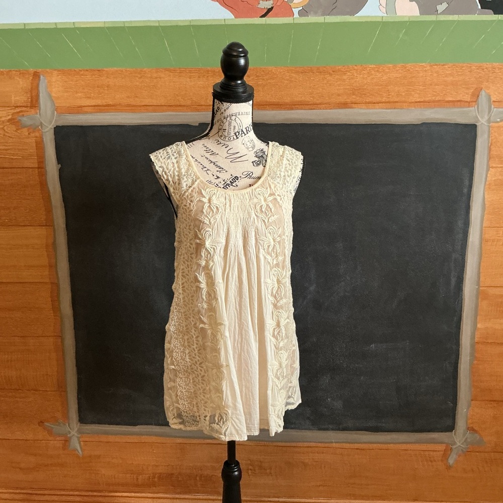 Lil from Anthropologie sleeveless lace long waisted top in beige size XS